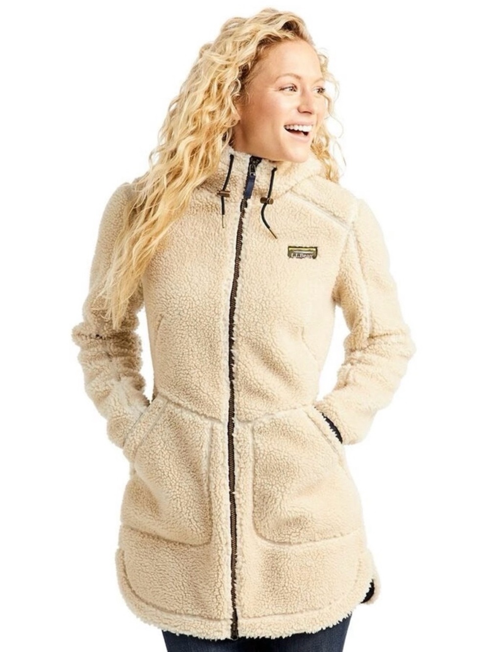 L.L. Bean Cream Sherpa Hooded Coat with Navy Trim